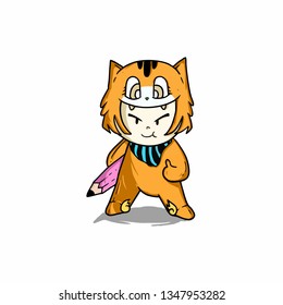 the character of a little girl wearing an orange cat-shaped costume, with a pink pencil
