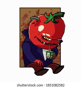 The character of a live tomato is drinking tomato juice