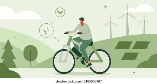 
Character living sustainable lifestyle and driving e-bike in modern city with windmills and solar panels. Electric transportation and eco friendly vehicle concept. Vector illustration.