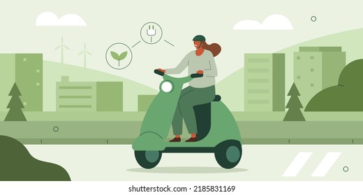 
Character living sustainable lifestyle and driving e-scooter in modern city. Electric transportation and eco friendly vehicle concept. Vector illustration.