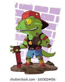 Character lizard teenager skateboarder in a cap and with a player. Vector illustration