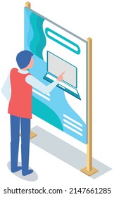 Character looking at commercial banner with computer. Advertising stand, announcement board. Man near promotional billboard with new device. Advertisement with laptop sale info vector illustration