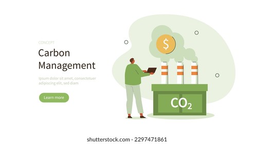 Character looking at fossil fuel industry and planning carbon management strategy and actions to reduce CO2 emissions impact. Carbon management concept. Vector illustration.