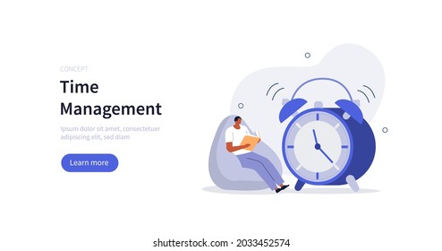 Character looking at hourglass and trying to managing and organizing work and life time. Time management concept. Flat cartoon vector illustration isolated.