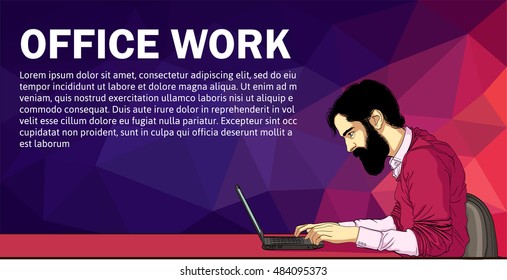 Character looking on laptop. Vector character of developer and laptop. Vector character developer in hackathon. Developer from laptop. Vector character work on laptop. Vector banner for header, footer