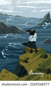 Carácter mirando el mar en viento y rocas, parado en un acantilado aislado, capa sola. Tranquilo paisaje natural, cartel. Armonía, soledad, concepto melancólico. Ilustración vectorial plana.