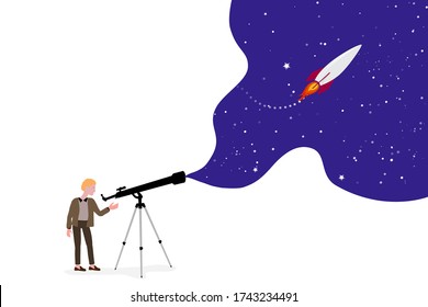 el personaje mira a través de un telescopio, el cielo estrellado y un cohete en el espacio. Concepto de pensamiento estratégico, estilo plano. Investigación científica y estudio del universo