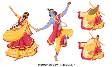 Character Of Lord Krishna And Radha Performing Dance On White Background.