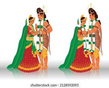 Character Of Lord Shiva And Goddess Parvati During Marriage In Two Images Against White Background.