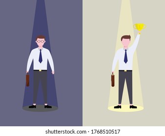 character loser winner, nerd and bad boy,  There is a ray of light, vector illustration flat style