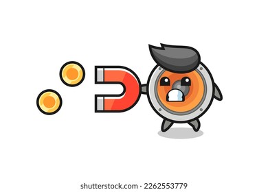 the character of loudspeaker hold a magnet to catch the gold coins , cute style design for t shirt, sticker, logo element