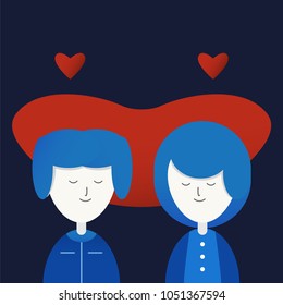 Character of love couple with red heart. Vector design in gradient flat style isolated on dark blue background.