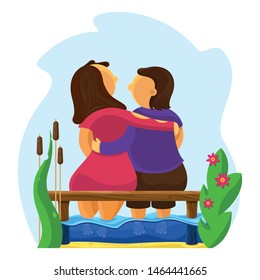 Character. Lovers hug on the pier. Feet lowered into the sea. Around flowers and reeds. Friendship and love between a woman and a man. Color illustration in flat style. Vector.