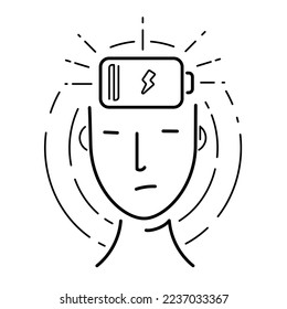 Character with a low battery indicator above. Burnout, depression, fatigue, low energy person. Mental health concept
