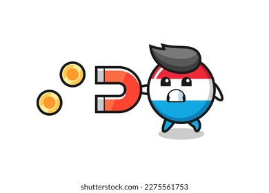 the character of luxembourg flag badge hold a magnet to catch the gold coins , cute style design for t shirt, sticker, logo element