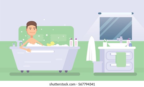 Character lying in the bathroom and taking a shower flat vector illustration