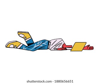 Character Lying on floor. Concept of lot of tasks to do. isolated on white. Minimalist and Modern design Vector Clip art for social networks, web design
