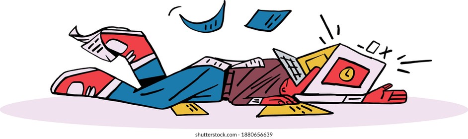 Character Lying on floor with lot of work paper and alarm. Concept of lot of tasks to do. Isolated on white. Minimalist and Modern design Vector Clip art for social networks, web design
