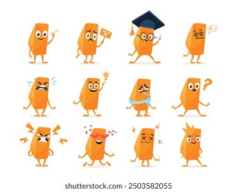 A character made of cheddar cheese displays different emotions and actions, showcasing happiness, surprise, and curiosity among others.