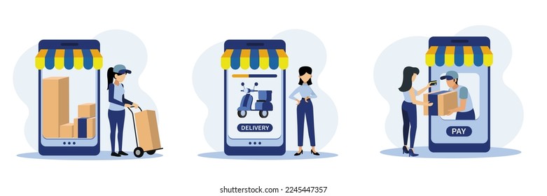 Character made order in online shop. Worker in warehouse ships goods. Courier delivers order to customer and received payment by credit card. Vector illustration in flat style