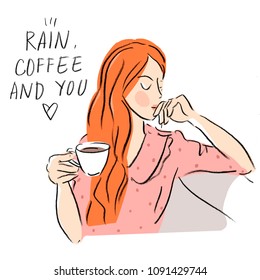 Character magazine illustration with girl morning coffee motivation