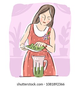 Character magazine illustration with woman cooking vegan fresh