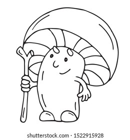 The character is a magic mushroom. The fantastic character of the fungus. Vector illustration. A hero from a fairy tale. For coloring. Doodles, hand-drawn