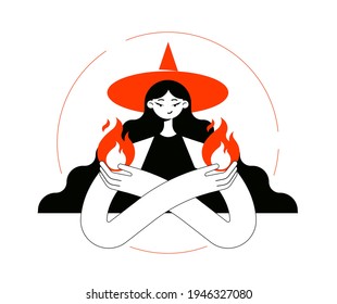 The character of a magical girl witch in a hat with crossed arms, holding a flame. Flat outline minimalism vector illustration