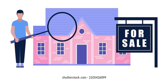 Character with a magnifying glass chooses a house. Vector illustration in a flat style