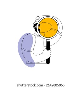 A character with a magnifying glass is looking for something. Vector illustration of a contour style on the topic of searching for information from various sources.