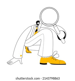 A character with a magnifying glass is looking for something. Vector illustration of a contour style on the topic of searching for information from various sources.