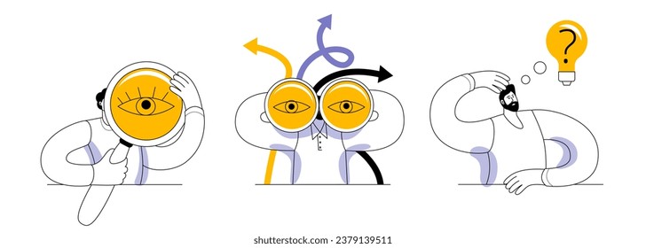 Carácter con lupa, hombre con binoculares, hombre con bombilla. Conjunto de ilustraciones vectoriales para aplicaciones móviles. Estilo moderno lineal.