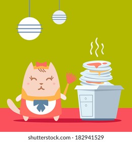 Character Maid Apron With A Bow Colorful Flat. Cat Female Stands In The Kitchen Near A Pile Of Dirty Dishes Holding A Whisk