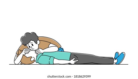 Character Make Artificial Ventilation Mouth to Mouth, Rescue Breath First Aid to Victim Lying on Floor. Nursing Training, Cardiopulmonary Resuscitation Medical Care. Linear People Vector Illustration