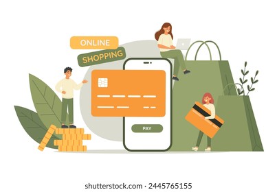 Personaje hacer pedidos en línea desde la tienda con tarjeta de crédito. Concepto de ahorro financiero. Vector