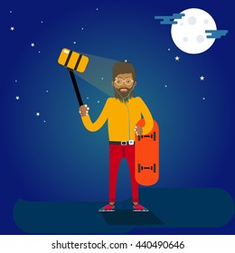 Character makes selfie on a skateboard.  Cool character with a skateboard and selfie stick. The guy doing the night selfie on a skateboard. Night. flat cartoon. skateboarder riding at night. Hipster