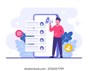 Anúncio de criação de personagens com megafone, Ilustração plana de marketing por e-mail, Estratégia de negócios on-line, Publicidade, Boletim informativo por e-mail, Conceito de marketing para web banner, infográfico, mídia social