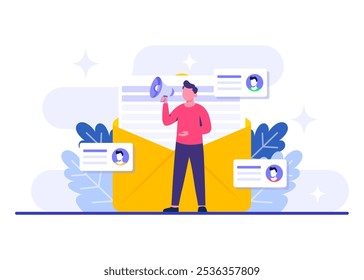 Character making announcement with megaphone, Email marketing flat illustration, Online business strategy, Advertising, Email newsletter, Marketing concept for web banner, infographic, social media