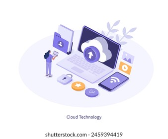 Personaje haciendo copia de seguridad y carga de archivos multimedia y otros datos en el almacenamiento del servidor en la nube. Concepto de Tecnología. Ilustración vectorial isométrica 