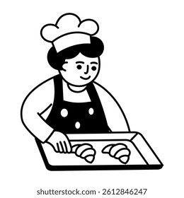 A character making croissant, doodle style illustration 
