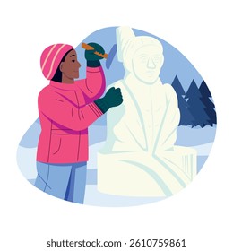A character making an ice sculpture with hands, flat illustration