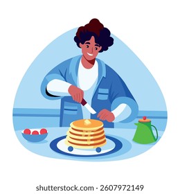A character making pancakes, flat style illustration