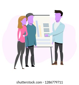 Character Making Presentation to Couple Freelancer. Man Standing Pointing on Flip Board with Diagram, Graph. Freelance Woman Holding Cup of Tea or Coffee. Flat Cartoon Vector Illustration