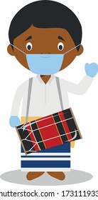 Character from Maldives dressed in the traditional way as a boduberu and with surgical mask and latex gloves as protection against a health emergency