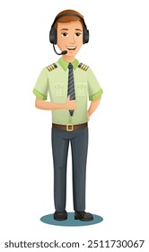 Personagem piloto de avião masculino em estilo casual, em uniforme com auscultadores em um fundo transparente