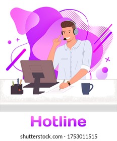 Character male call center hotline. Online support worker, telephone service operator. Dispatcher, workplace of customer support manager at computer desk. Remote service specialist with headphone