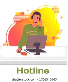 Character male call center hotline. Online support worker, telephone service operator. Dispatcher, workplace of customer support manager at computer desk. Remote service specialist with headphone