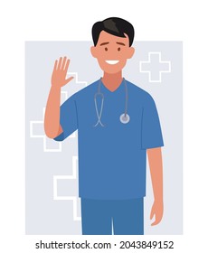 The character is a Male Doctor waving his hand. Vector illustration in a flat style.