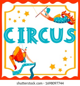 Character male, female gymnast, acrobat in ring of fire, isolated on white, flat vector illustration. Design banner for website, ticket. Entertainment circus show, promotional invitation card.
