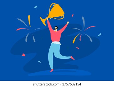 Character male hand up hold winning cup salute isolated on blue, concept flat vector illustration. Successful person happy conquer work, prosperous man cheerfully getting first place.